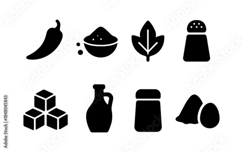 Collection of black cooking ingredient icons on a white background