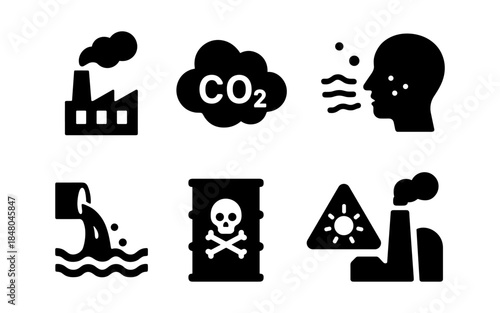 Environmental pollution icons showing factory emissions, CO2, toxic waste, and air pollution