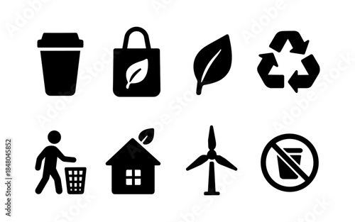 Collection of eco-friendly icons representing sustainability and environmental care