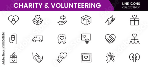 Volunteering and charity web icons in line style. Donate, donor, doctor, care, help, support, collection Vector illustration.