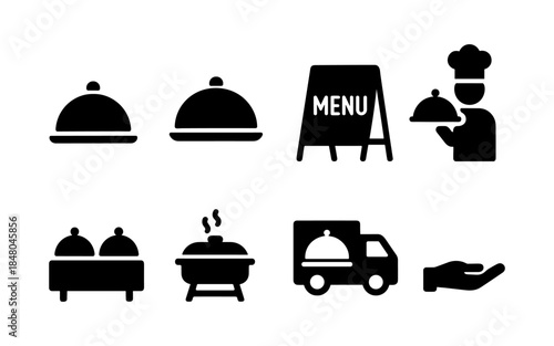Collection of black food service and restaurant icons on a white background