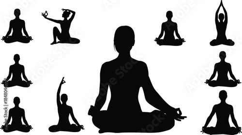 Silhouettes of people practicing yoga and meditation poses, mindfulness and wellness concept illustration, spiritual balance, relaxation, fitness, breathing exercises and calm mental h