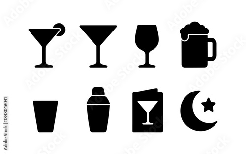 Collection of black beverage and nightlife icons on a white background