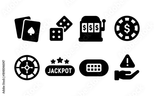 Collection of casino and gambling icons including cards, dice, slot machine, and roulette