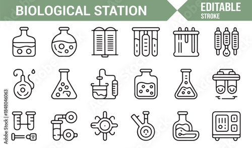 Medical laboratory and biology equipment icons in modern linear design