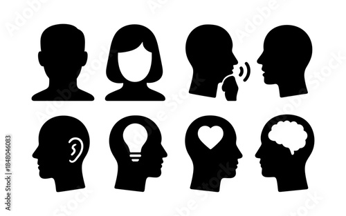 Collection of human head silhouette icons representing communication, ideas, emotions, and intellect