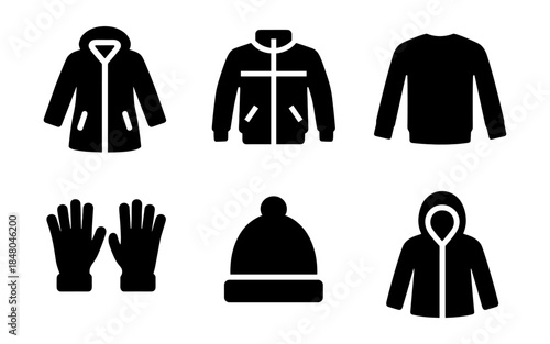 Collection of winter clothing icons including jackets, gloves, and a beanie hat