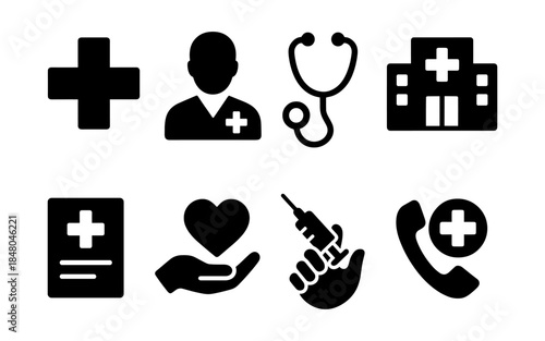 Collection of black medical icons representing healthcare services and symbols