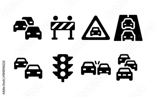 Collection of traffic and road safety icons including cars, traffic lights, and road signs