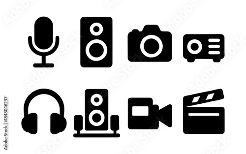 Collection of black media and entertainment icons on a white background