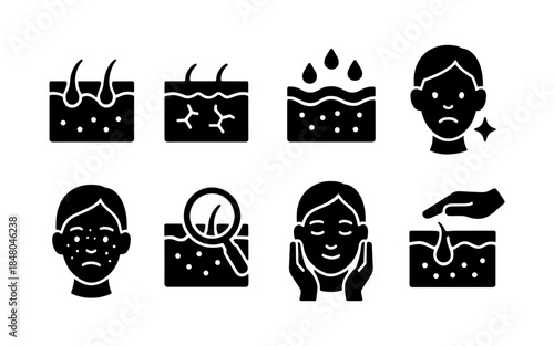 Set of icons illustrating skin conditions and treatments for dermatology and skincare
