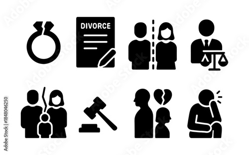 Divorce and family law icons representing legal separation and emotional distress