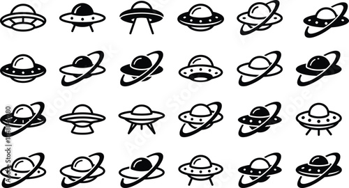 UFO and alien spaceship icon set, flying saucer silhouettes in multiple styles, minimalist black vector illustration collection