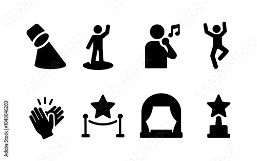 Collection of performance and award icons including spotlight, singer, dancer, and trophy