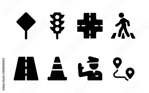 Collection of black traffic and road safety icons on a white background