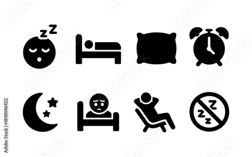 Collection of sleep and insomnia icons including a sleeping face, bed, pillow, and alarm clock
