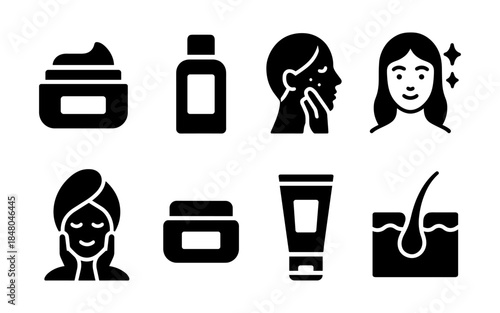 Skincare and beauty icons representing treatments for acne, hair, and healthy skin