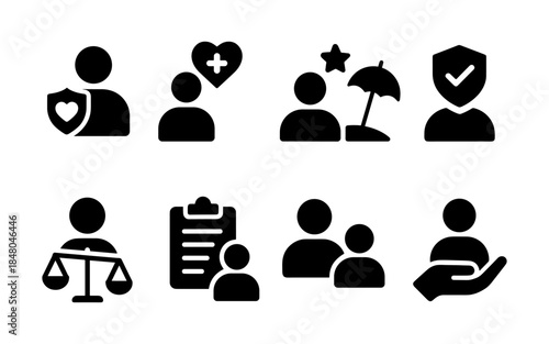 Collection of diverse human silhouette icons representing insurance, health, and legal services