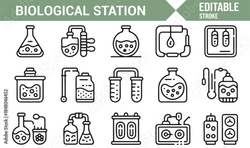 Editable biological station and laboratory icons in outline vector style
