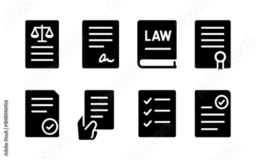Collection of legal and document icons representing law, contracts, and approvals