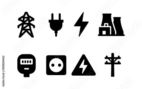 Collection of electricity and power icons including a pylon, plug, lightning bolt, and power plant