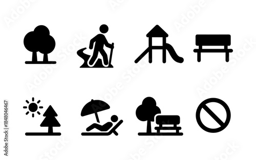 Collection of simple black icons representing park and outdoor activities and elements
