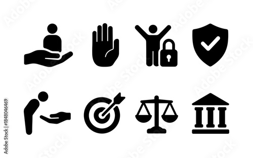 Collection of black icons representing human rights, justice, and security concepts