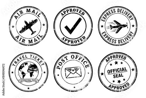 Set of vintage postal and travel stamps