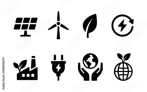 Set of clean energy and environmental protection icons on a white background