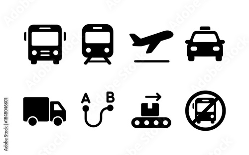 Collection of transportation and logistics icons representing different modes of travel and delivery