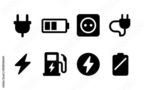 Collection of black icons representing electricity, charging, and power sources