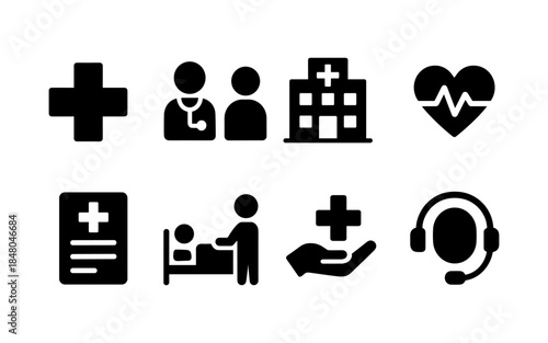Collection of medical and healthcare icons representing services and symbols