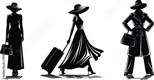 Elegant Fashion Women Silhouette Set, Stylish Travelers with Luggage and Handbags, Classy Outfits, CAD Drawing, Flat Vector Illustration, Graphic Elements.
