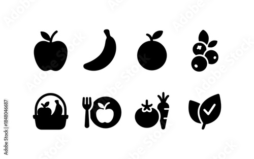 Collection of healthy food icons representing fruits, vegetables, and organic choices