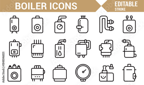 Heating equipment and boiler icons in modern linear design