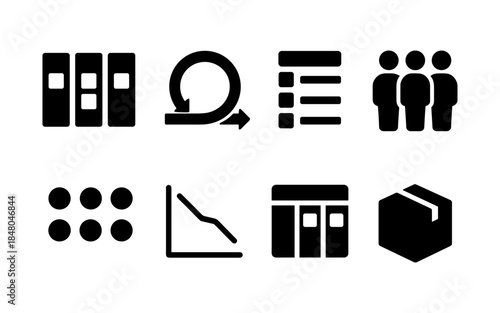 Set of eight black icons representing business concepts and processes