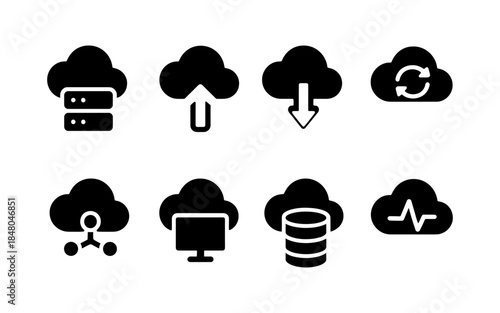 Collection of cloud computing icons representing data storage, transfer, and network services