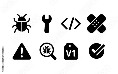 Software development icons representing bug fixing, coding, and version control