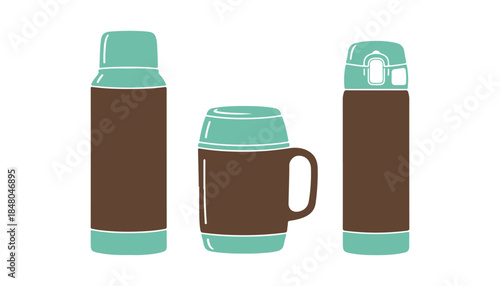 Vector symbol of three different thermos icons. Isolated sign.

