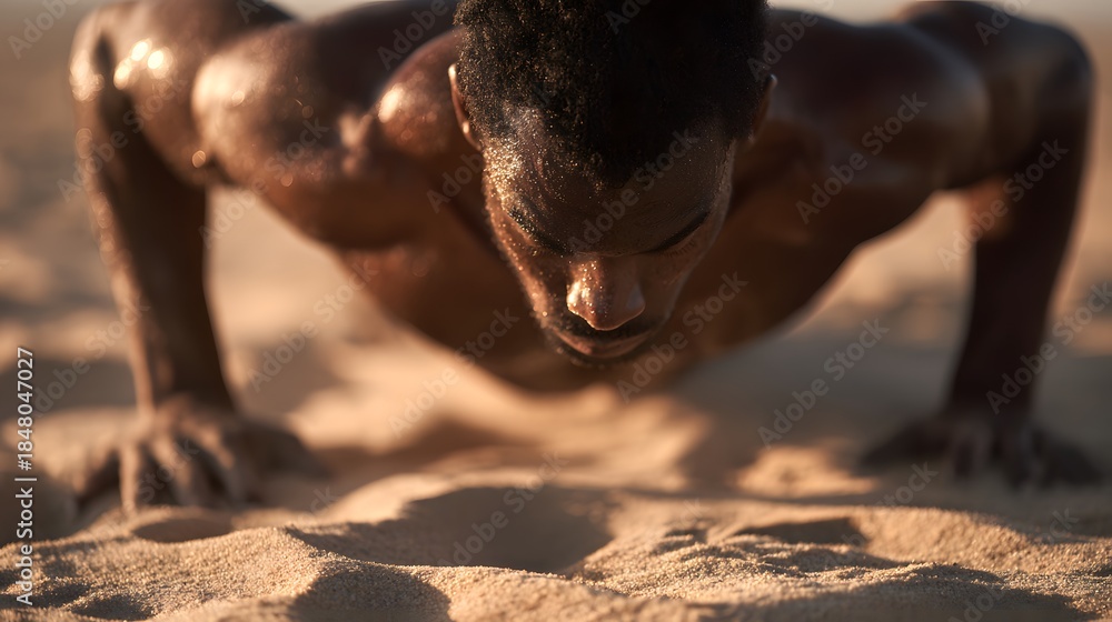 Obraz premium Man Doing Push-ups in Desert Sand.