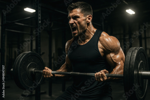 Muscular man lifting heavy barbell with intense expression in gym