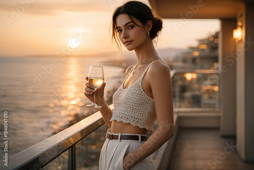 Young woman enjoying wine on a sunny balcony overlooking the ocean at sunset