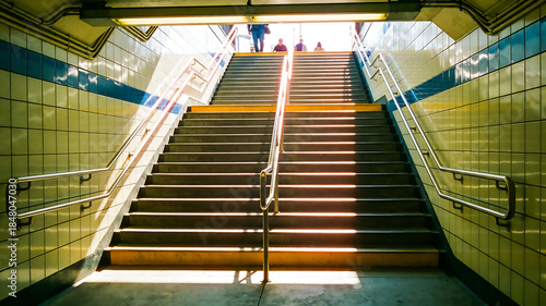 Stairway to daylight in modern subway station with people ascending