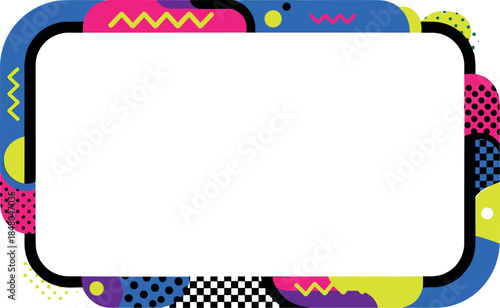 Colorful Memphis style geometric frame with rounded corners