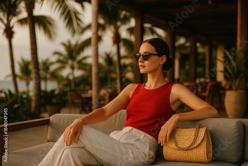Relaxed woman in red top enjoying tropical resort lounge