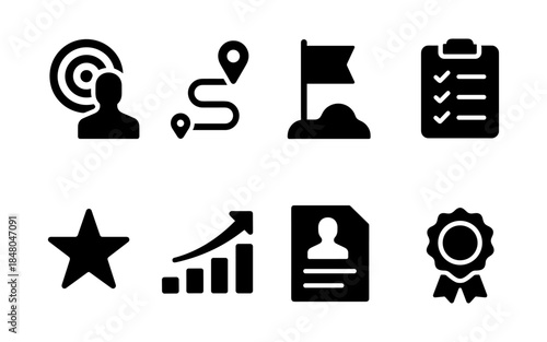 Collection of business and success icons representing goals, progress, and achievements