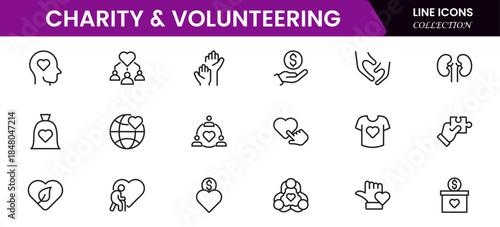 Volunteering and charity web icons in line style. Donate, donor, doctor, care, help, support, collection Vector illustration.