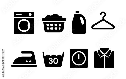 Collection of laundry icons including washing machine, basket, detergent, and iron