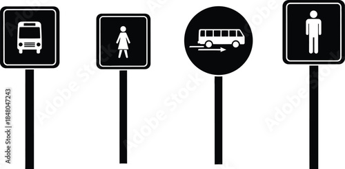 Four black traffic signs depicting transportation and pedestrian symbols on transparent background