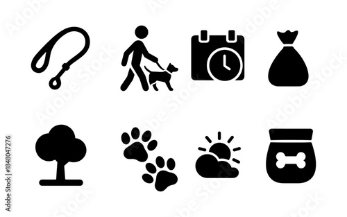 Collection of dog walking and pet care icons on a white background